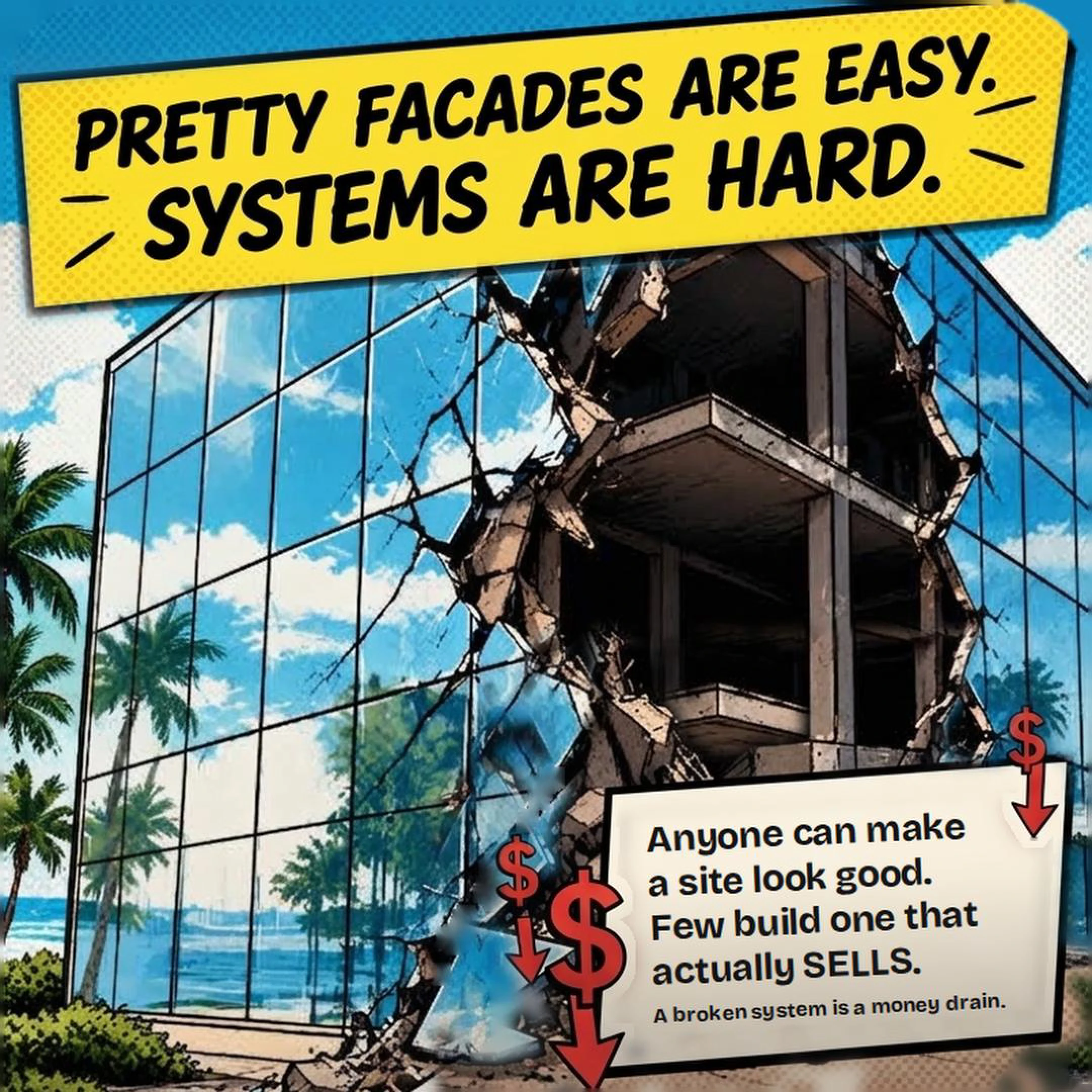 Comic panel: a glossy glass facade cracks open to show an empty concrete shell behind it