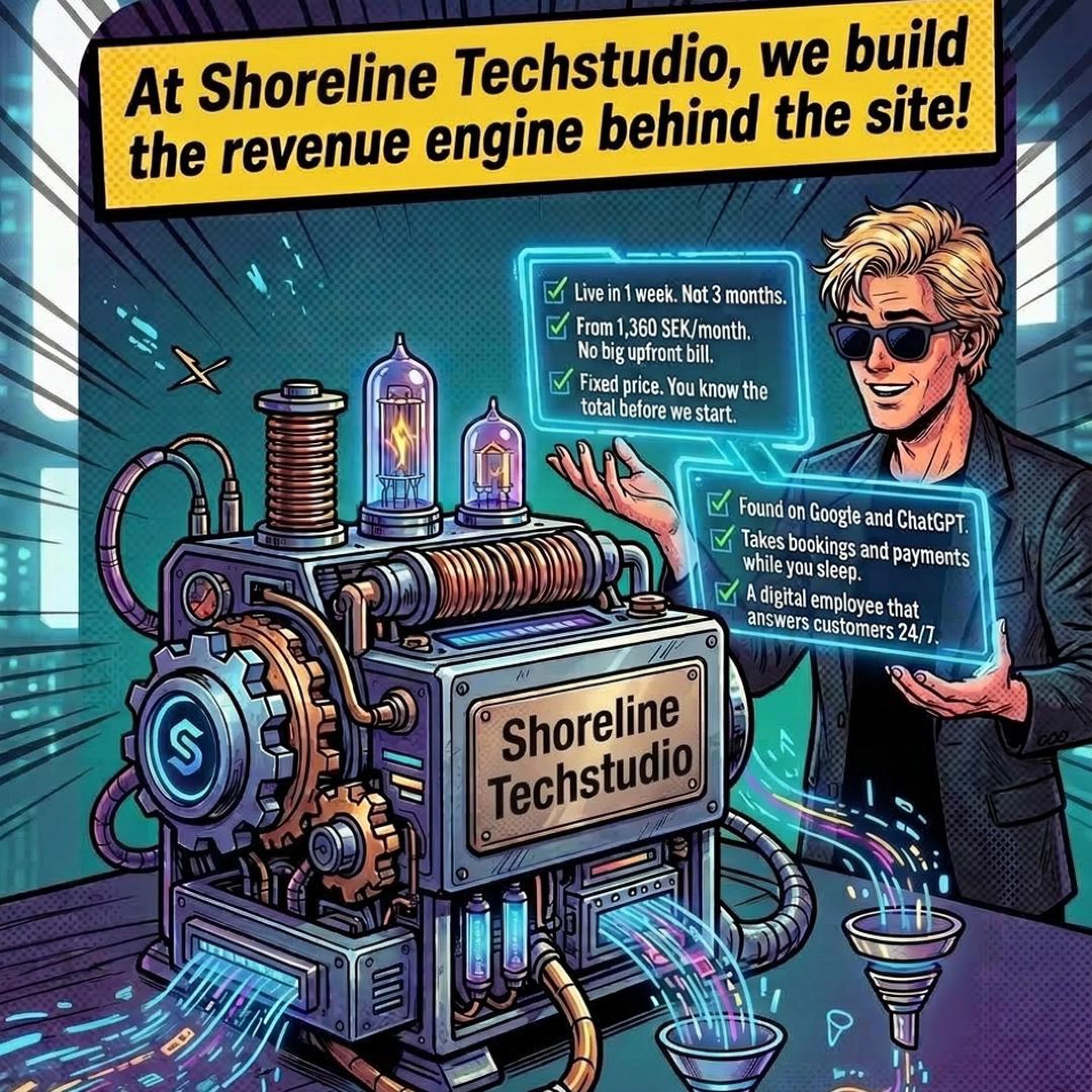 Comic panel: a machine labelled Shoreline Techstudio and a person holding a checklist of what is included